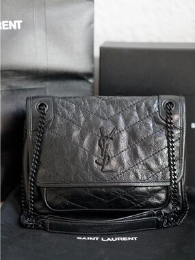 Saint Laurent Black Niki Baby Crinkled Calfskin Leather YSL Chain Shoulder Bag